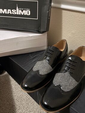 Massimo Black Leather Oxfords with Gray Herringbone Panels